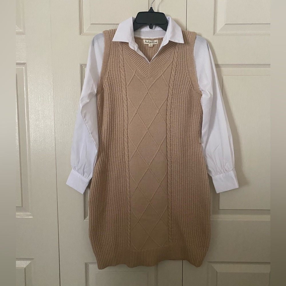 Indigo Rose Knit Sweater Vest Dress – Beige Layered Look – NWT size S